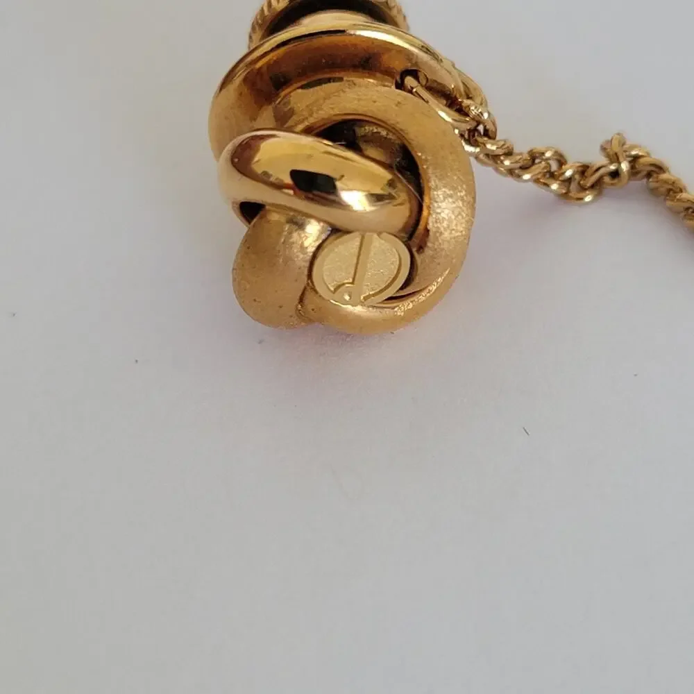 Dunhill Tie Necktie Pin Tack Clasp Knot Gold Tone Logo Designer Round Vintage